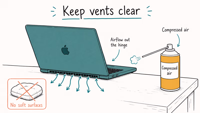 MacBook on a hard surface venting from the rear hinge with compressed air cleaning the slots