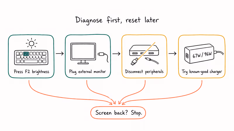 Diagnostic flowchart showing brightness, external monitor, peripherals, and charger checks before any MacBook Pro reset