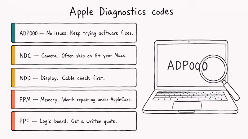 Reference panel mapping Apple Diagnostics codes ADP000, NDC, NDD, PPM, and PPF to next-step decisions