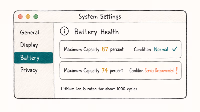 Hand-drawn macOS System Settings showing Battery Health with maximum capacity and condition rows