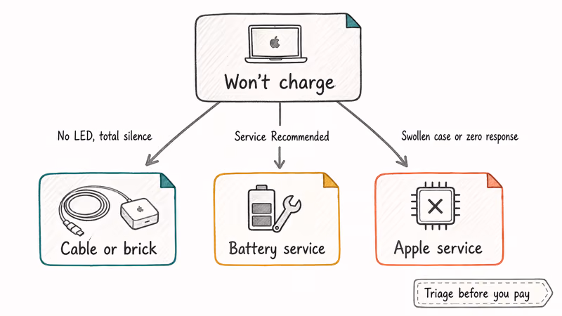 Hand-drawn decision tree routing not-charging symptoms to cable, battery service, or logic-board service