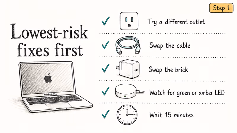 Hand-drawn checklist showing outlet swap, cable swap, brick swap, MagSafe LED, and fifteen-minute wait