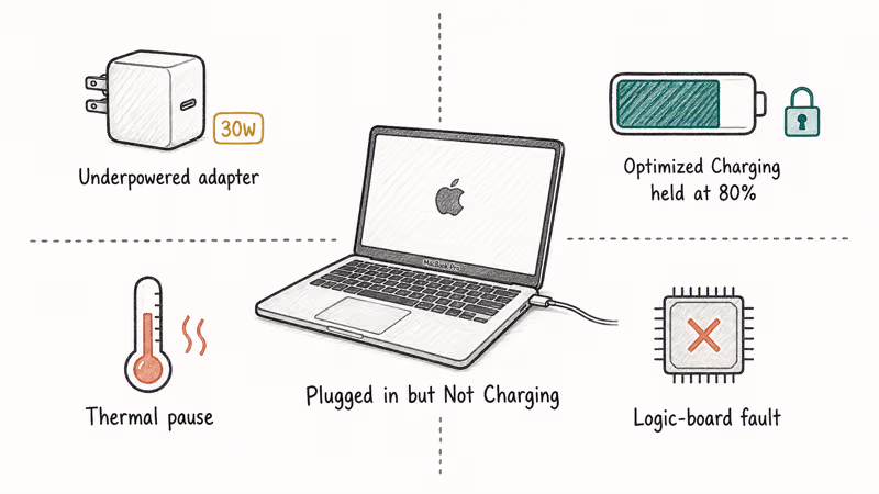 Four-quadrant diagram showing adapter, optimized charging, thermal, and logic-board causes around a MacBook