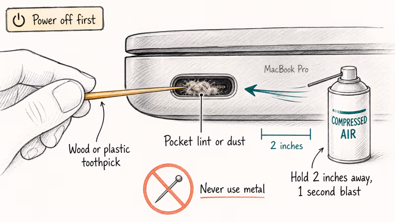 MacBook charging port cleaned with toothpick and compressed air warning