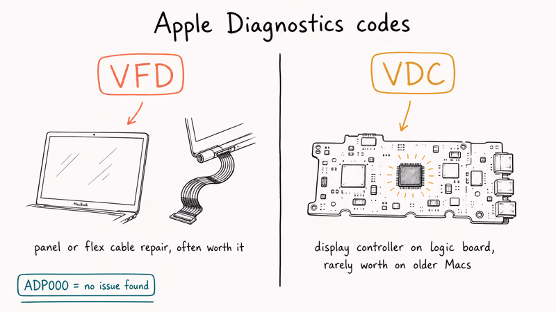 Hand-drawn comparison of Apple Diagnostics VFD and VDC reference codes pointing to display parts.