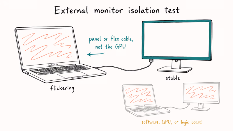 Hand-drawn illustration showing flickering MacBook beside stable external monitor isolating display fault location.