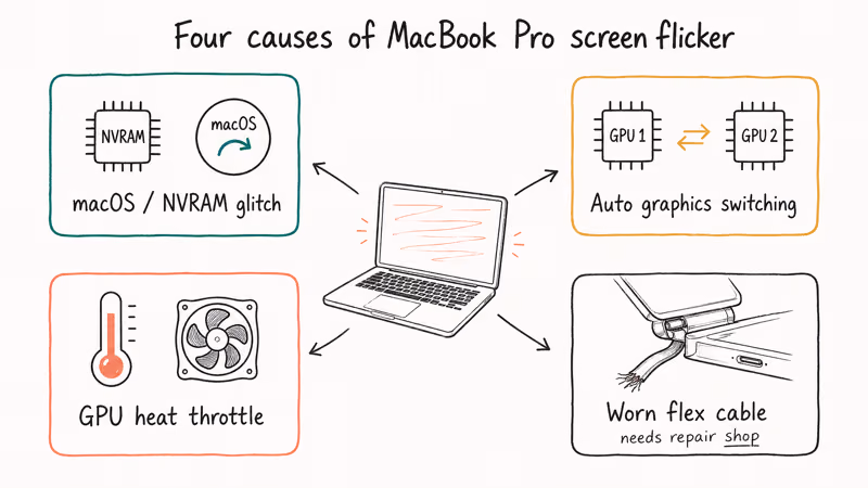 Hand-drawn diagram showing four common root causes of MacBook Pro screen flickering with labels.