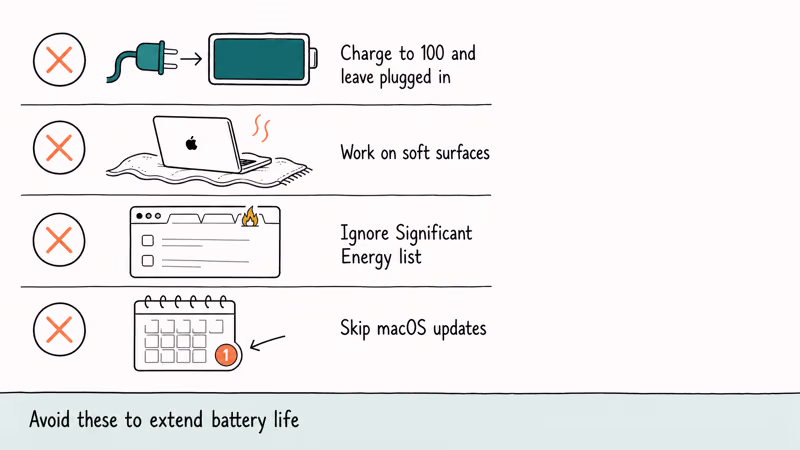 Hand-drawn checklist of four common habits that accelerate MacBook battery degradation