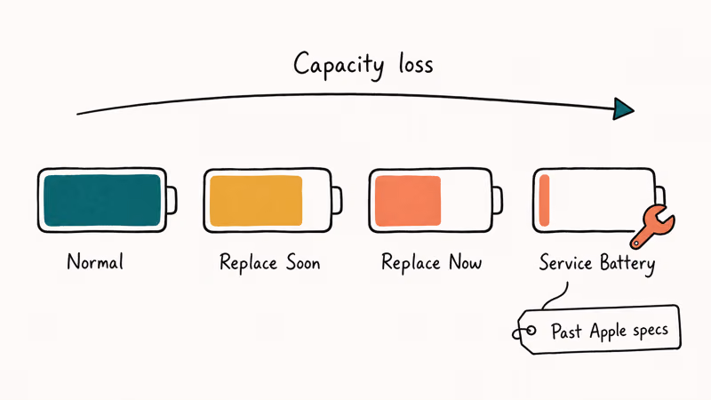 Hand-drawn ladder of four MacBook battery menu states from Normal to Service Battery condition