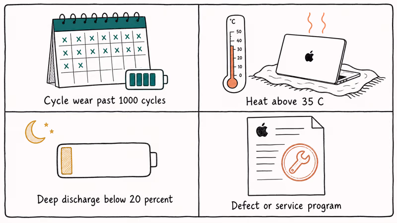 Two by two hand-drawn quadrant showing four common causes of MacBook Service Battery warning