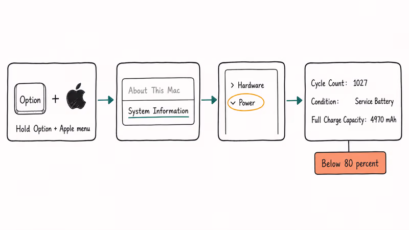 Hand-drawn flowchart showing how to open System Information Power panel for MacBook cycle count
