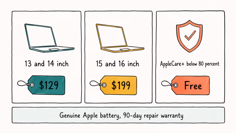 Three hand-drawn price cards comparing MacBook Pro battery replacement costs and AppleCare coverage