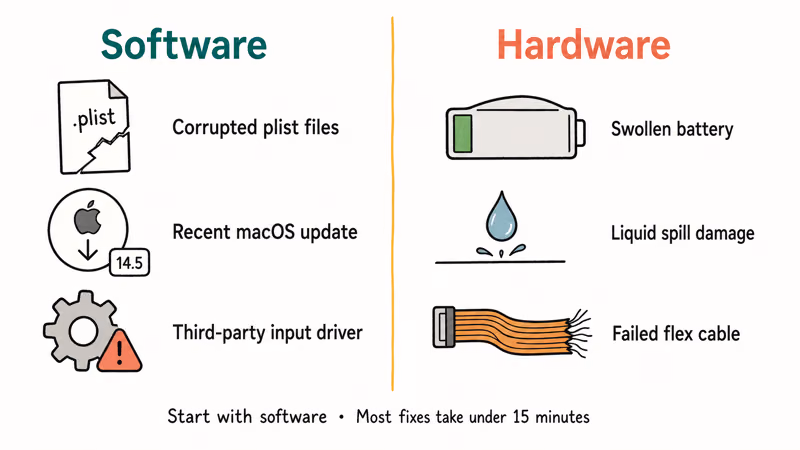 Software and hardware causes behind MacBook Pro trackpad failure with labeled icons