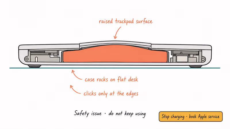 MacBook Pro cutaway showing swollen battery pushing trackpad upward
