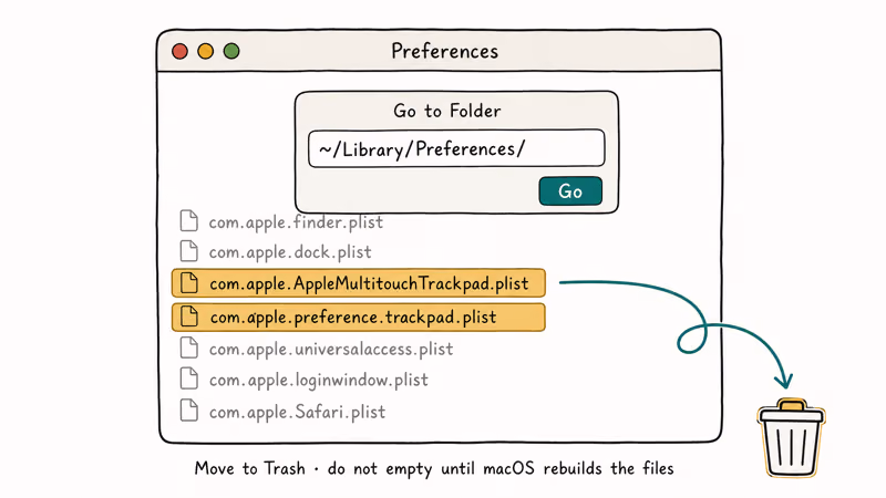 Hand-drawn Finder window with two trackpad plist filenames highlighted before moving them to the Trash