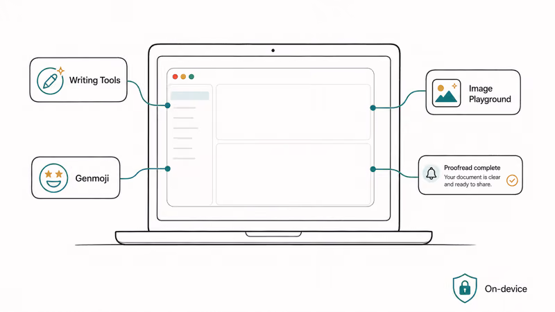 Hand-drawn macOS window with Writing Tools, Image Playground, and Genmoji tags integrated on-device