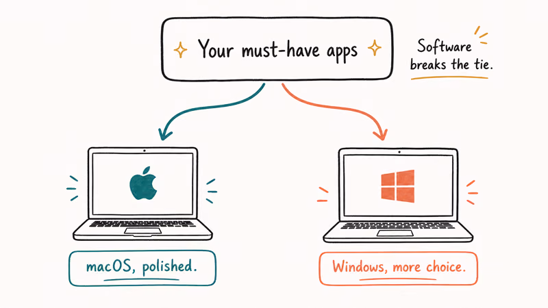 Hand-drawn decision path from must-have apps branching to a MacBook or a Windows Copilot+ laptop