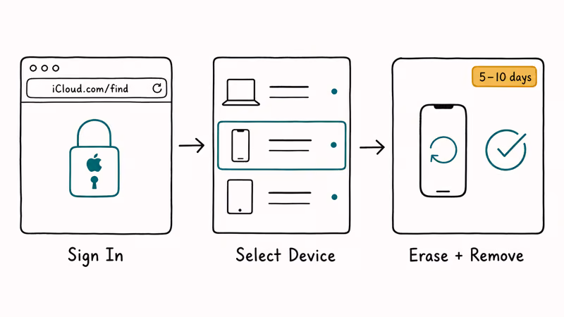 Three-step flowchart of Apple Activation Lock removal sign in select device erase and remove.