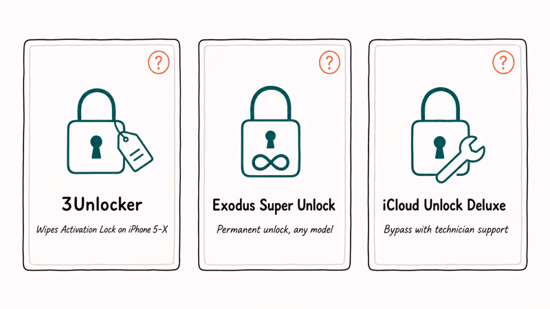 Three product cards labeled 3Unlocker Exodus Super Unlock and iCloud Unlock Deluxe with pitches.