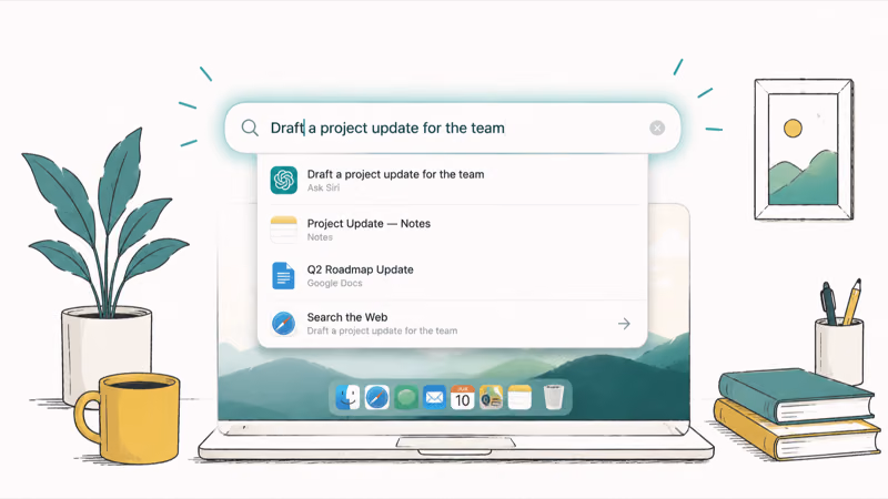 macOS Spotlight search bar acting as a Siri surface with a glowing assistant prompt on the desktop