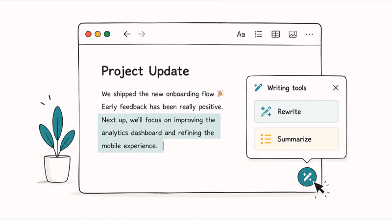 Mac text window with an AI writing tools popover offering rewrite and summarize options on macOS 27