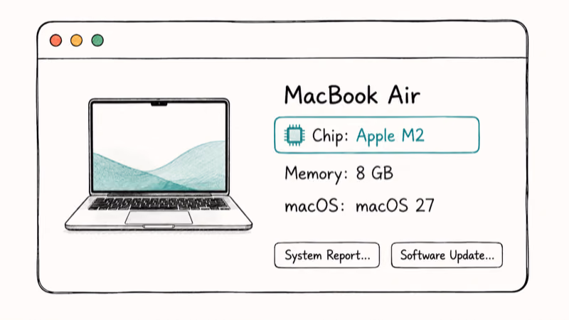 About This Mac window showing the chip line to check macOS 27 compatibility