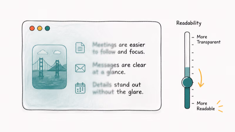 macOS 27 Liquid Glass transparency slider making interface text more readable