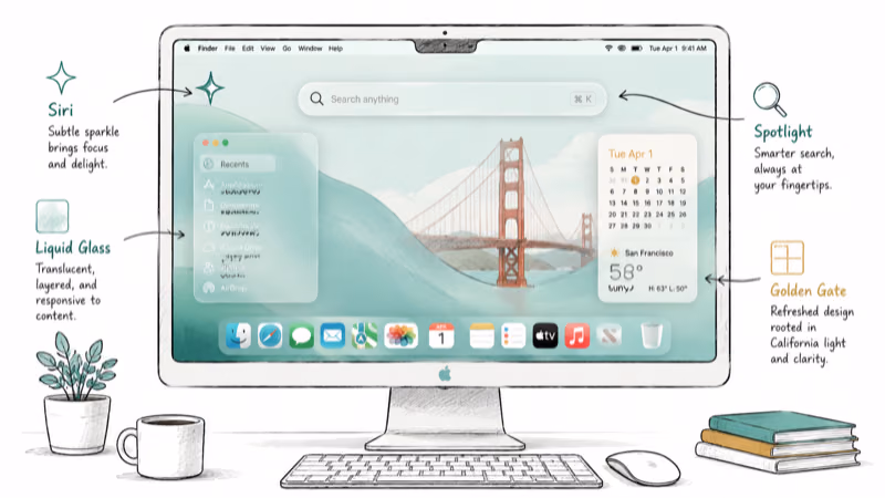 macOS 27 Golden Gate refined interface with Liquid Glass Siri and Spotlight together
