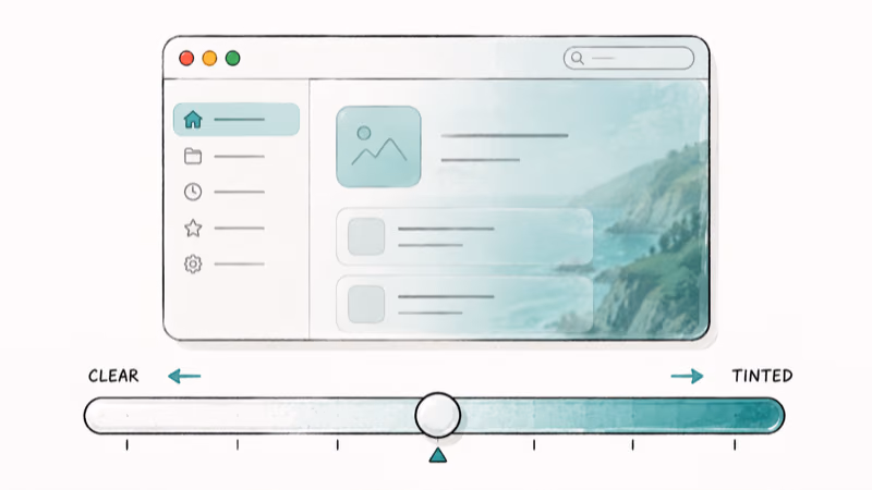 macOS 27 Liquid Glass intensity slider adjusting a translucent window from clear to tinted
