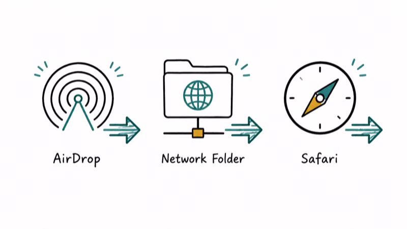 macOS 27 speed gains for AirDrop network file browsing and Safari shown as quick icons