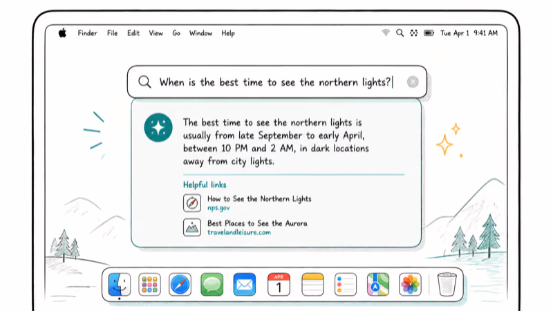 macOS 27 Spotlight search bar answering a natural-language question with Siri