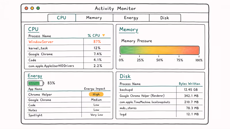 Activity Monitor four panes labeled CPU Memory Energy Disk with example highlighted heavy process row.