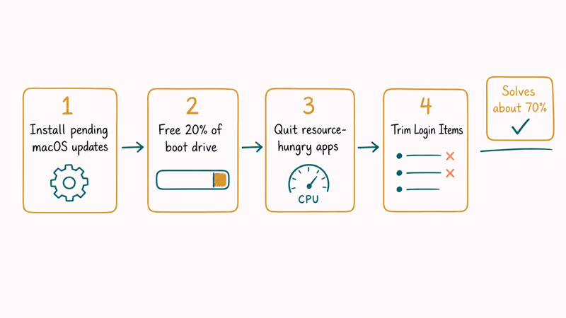 Four-step software fix flow covering updates, disk space, processes, login items