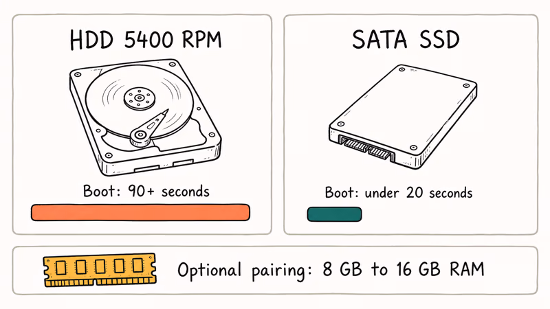 HDD versus SSD boot time comparison with RAM upgrade note