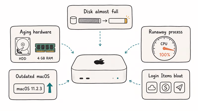 Five slow Mac causes shown as labeled cards around a Mac icon