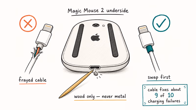 Magic Mouse underside with new Lightning cable and toothpick port cleaning