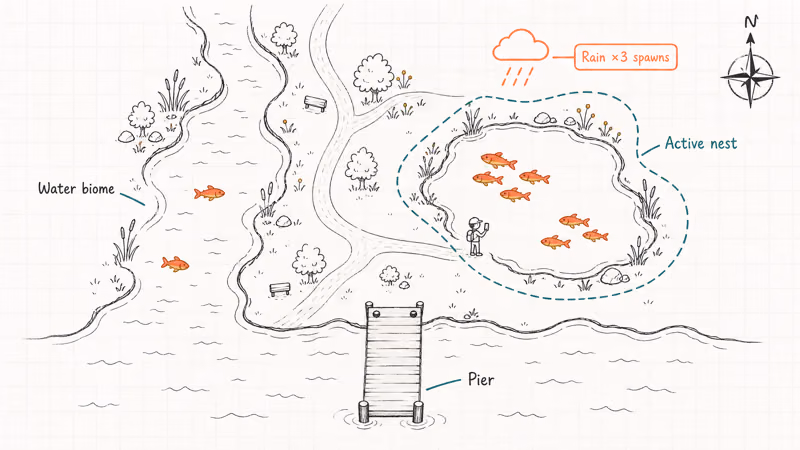 Hand-drawn coastal park map showing Magikarp spawn clusters near water with rain weather boost icon