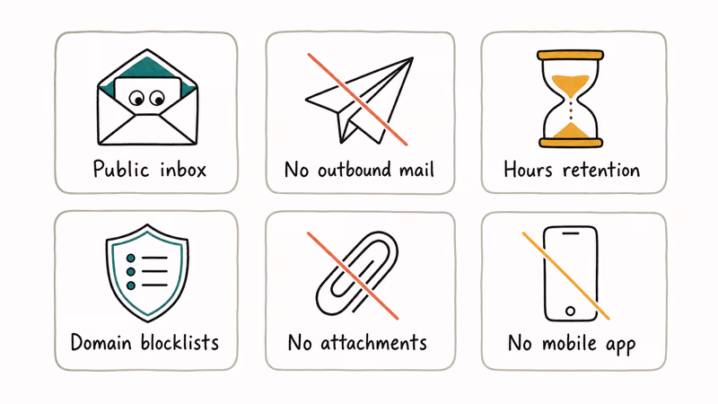 Grid of six hand-drawn cards showing Mailinator limitations public inbox retention attachments mobile app blocklists