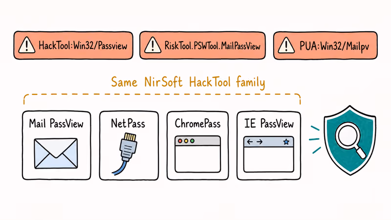 Three antivirus detection name chips above four bracketed NirSoft password recovery tool tiles.