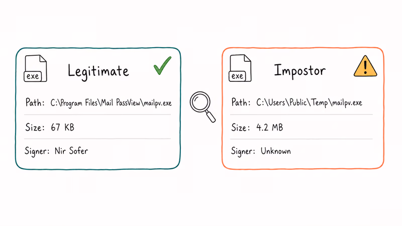 Side-by-side comparison of legitimate Mail PassView file path and size versus an impostor binary card.