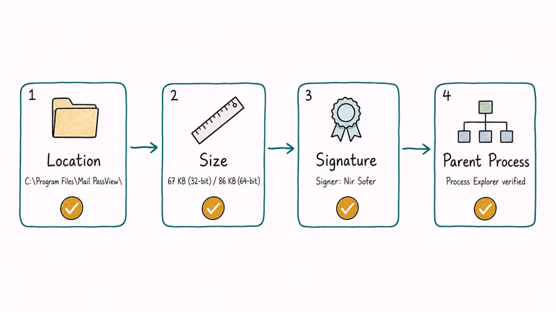 Four-step hand-drawn verification flow checking location, size, signature, and parent process for the binary.