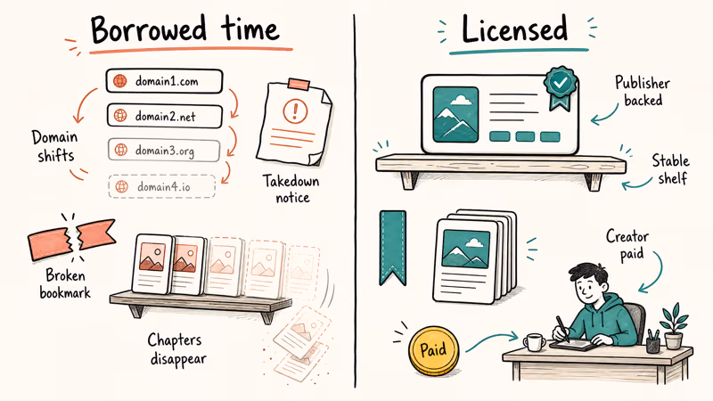 Licensed publisher apps stay online while unlicensed aggregator domains shift and chapters disappear