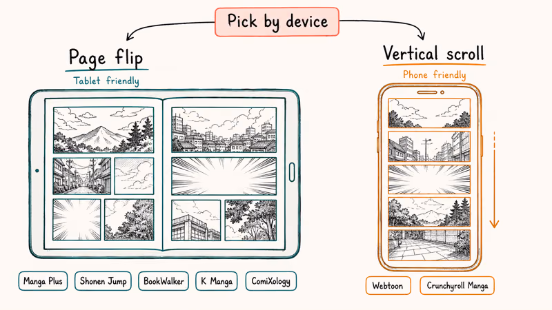 Page-flip readers favor tablets while vertical-scroll apps suit phones for comfortable manga reading