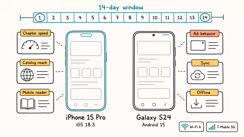 iPhone and Galaxy phones tested seven manga apps over fourteen days using shared criteria