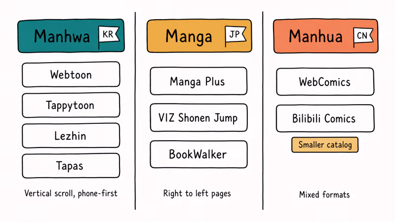 Three-column chart mapping manhwa, manga, and manhua to licensed apps
