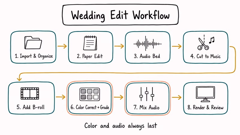Hand-drawn flowchart showing eight wedding video editing steps from import to final render