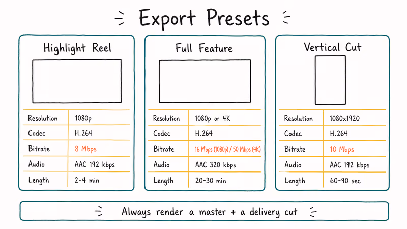 Wedding video export preset cards with resolution codec bitrate audio and length specifications