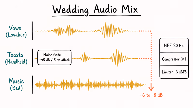 Audio mixing diagram showing sidechain ducking and noise gate settings for wedding vows and toasts