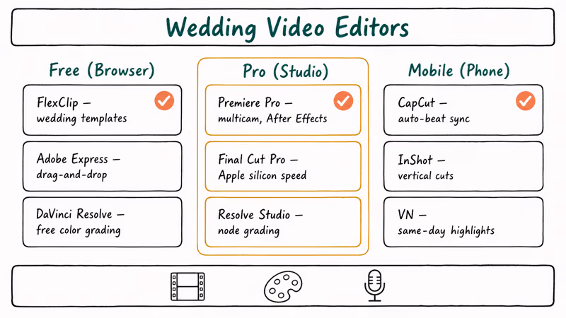 Comparison chart of free pro and mobile wedding video editors with feature highlights