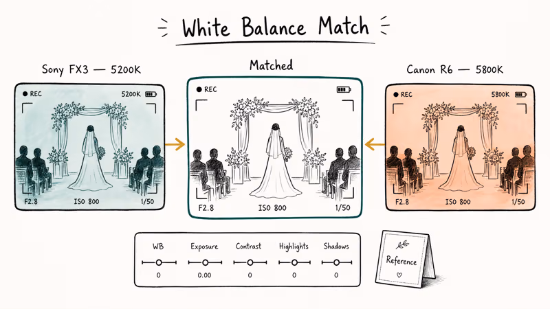 Color correction diagram matching white balance between Sony FX3 and Canon R6 wedding cameras
